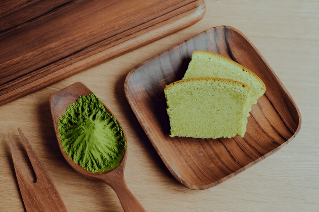 Sliced matcha cake showing soft texture and vibrant green layers, ideal for Asian desserts.