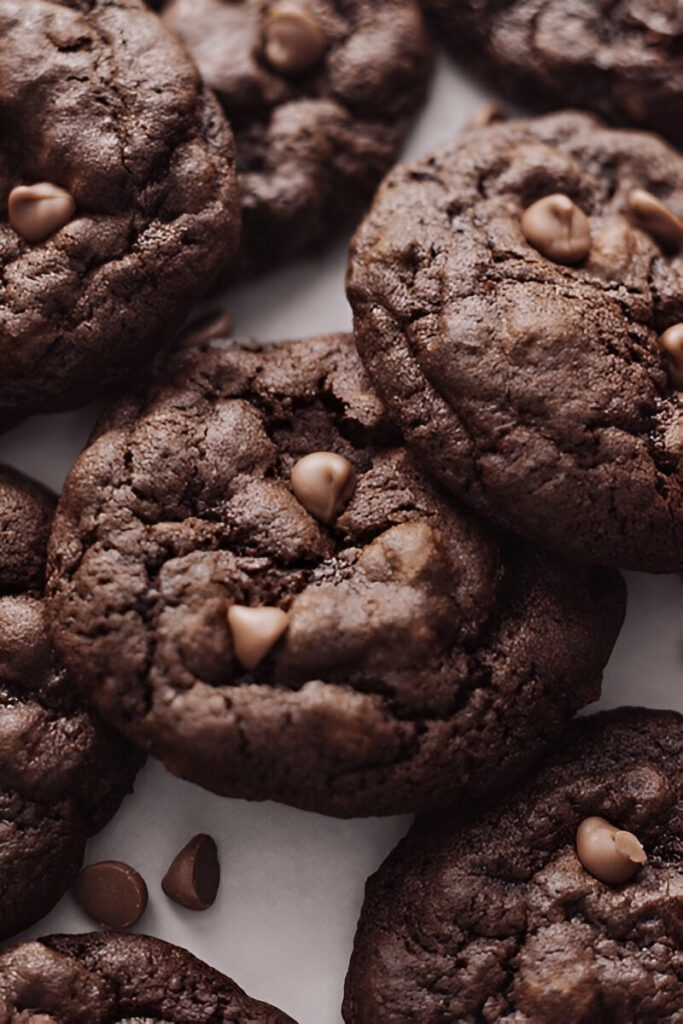 Close-up view of freshly baked chocolate cake mix cookies arranged neatly.