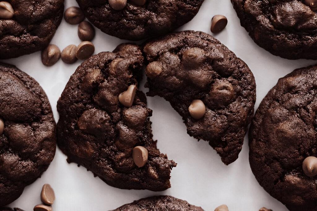 A close-up of a broken chocolate cake mix cookie, revealing its soft and gooey interior filled with chocolate chips