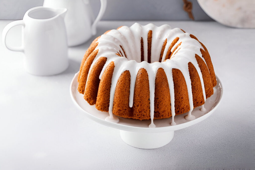 Gluten-free bundt cake with creamy frosting on a white plate.