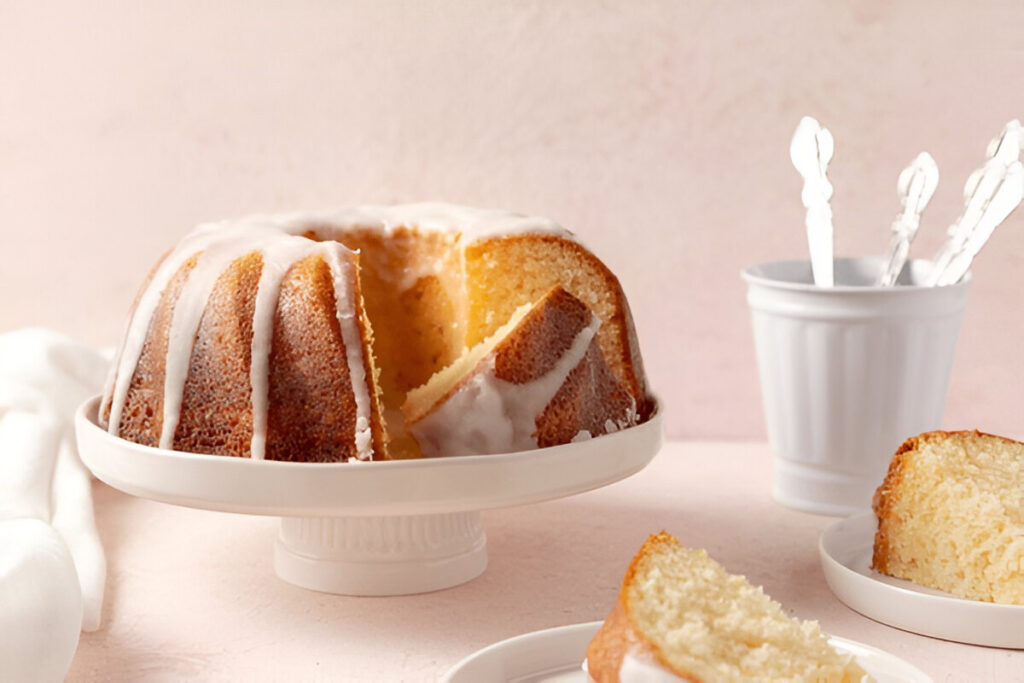 Gluten-free bundt cake with cream cheese frosting on a white cake stand.