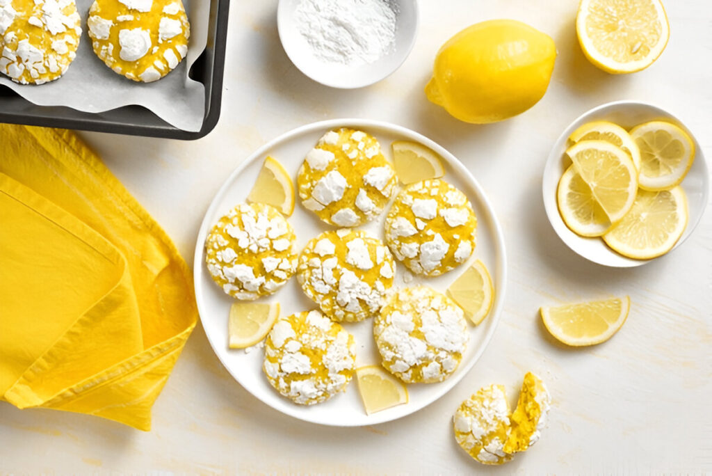 Lemon cake mix cookies arranged on a plate with fresh decorative limes.