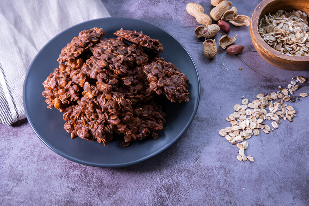 no-bake chocolate oatmeal cookies served on a white plate.