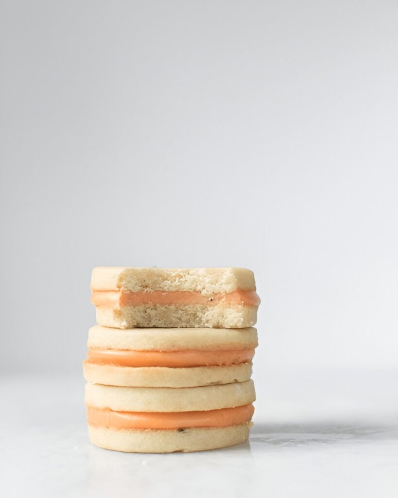 A bitten wafer cookie with a visible cream filling, showing its chewy texture.