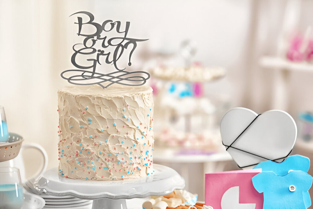 A white frosted gender reveal cakes with smooth icing, topped with small pink and blue decorations.