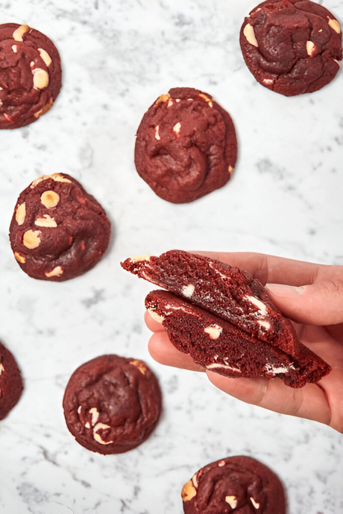 Hands breaking a red velvet cake mix cookie into two, showing the soft and chewy texture.